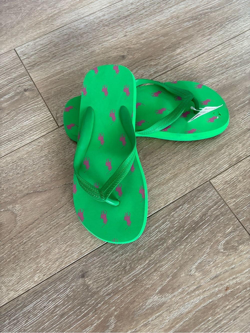 Polo by Ralph Lauren Green Kids Flip Flops with Pink Pony Prints